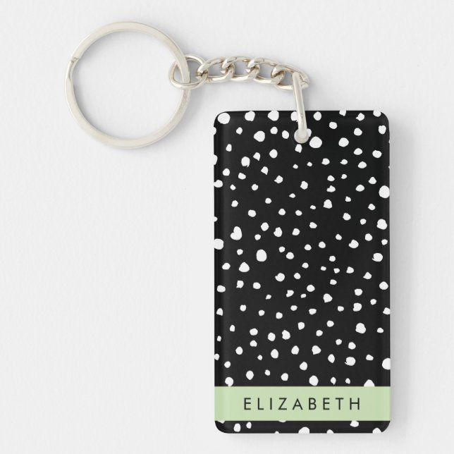 Dalmatian Dots, Spots, Black and White, Your Name Keychain (Front)