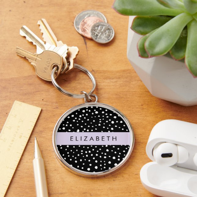 Dalmatian Dots, Spots, Black and White, Your Name Keychain (Desk)