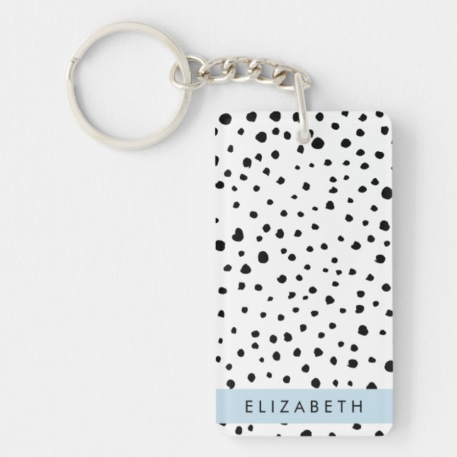 Dalmatian Dots, Spots, Black and White, Your Name Keychain (Front)