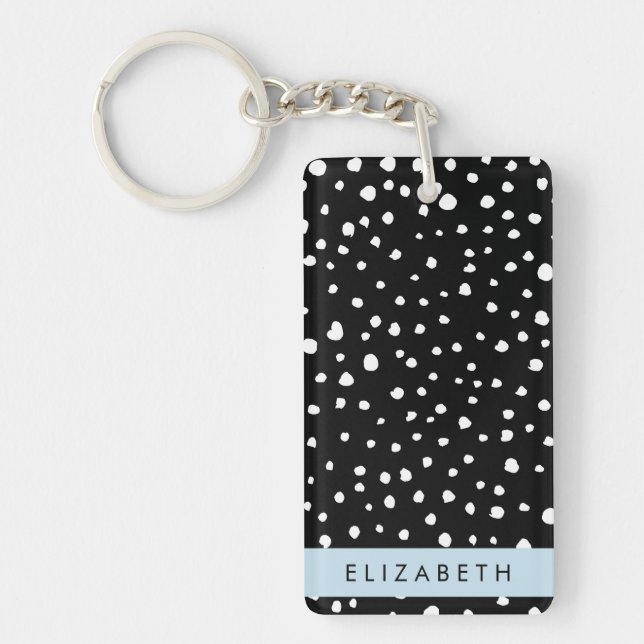 Dalmatian Dots, Spots, Black and White, Your Name Keychain (Front)