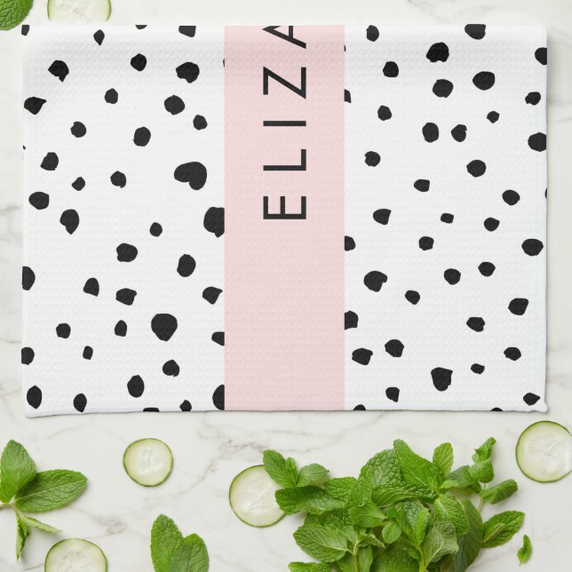 Dalmatian Dots, Spots, Black and White, Your Name Kitchen Towel (Folded)
