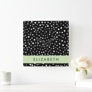Dalmatian Dots, Spots, Black and White, Your Name Square Wall Clock
