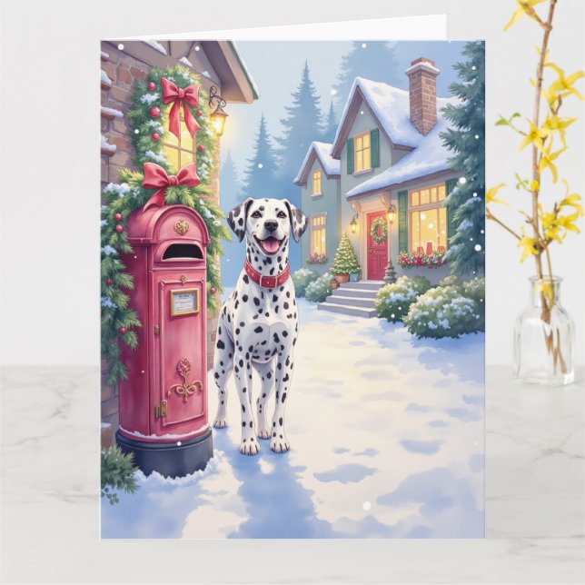 Dalmatian Festive Mailbox Christmas Art Card (Yellow Flower)