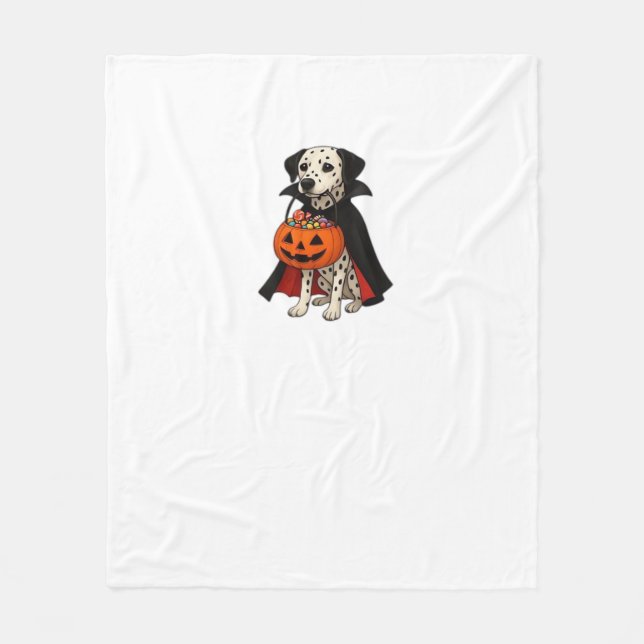 Dalmatian Halloween Vampire Dog with Pumpkin Baske Fleece Blanket (Front)