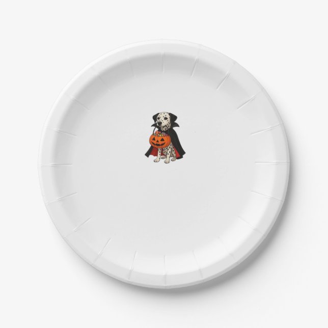 Dalmatian Halloween Vampire Dog with Pumpkin Baske Paper Plate (Front)