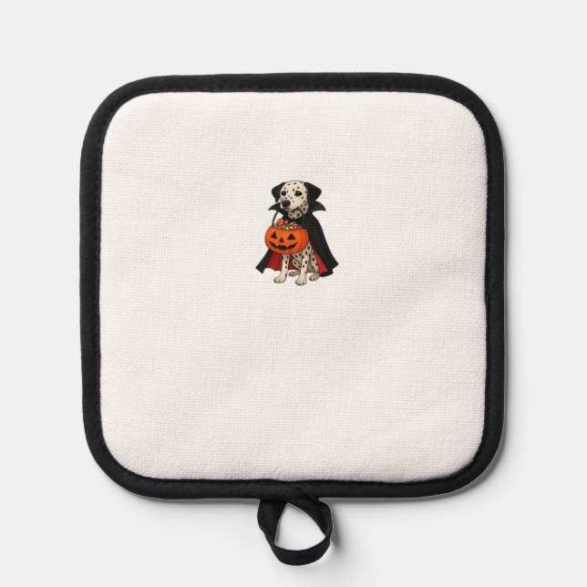 Dalmatian Halloween Vampire Dog with Pumpkin Baske Pot Holder (Front)