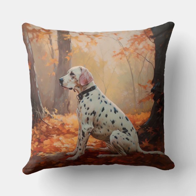 Dalmatian  in Autumn Leaves Fall Inspire  Throw Pillow (Back)