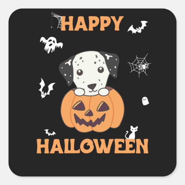 Dalmatian In Pumpkin Sweet Dogs Happy Halloween Square Sticker (Front)