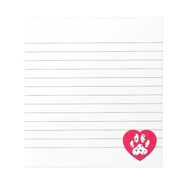 Dalmatian Paw Print In Red Heart Lined Notepad (Front)