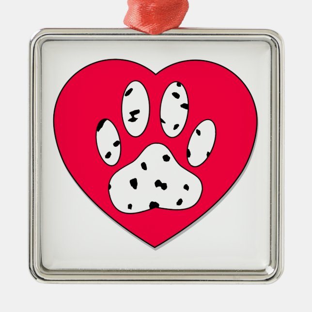 Dalmatian Paw Print In Red Heart Metal Ornament (Front)
