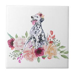 Dalmatian Playing in Flowers Ceramic Tile