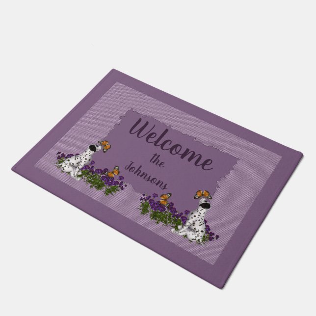 Dalmatian Puppy And Butterflies Personalized Doormat (Angled)