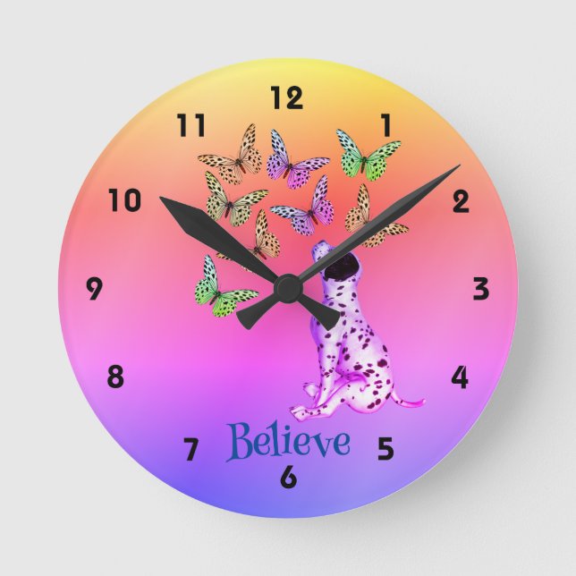 Dalmatian Puppy And Colourful Butterflies Believe  Round Clock (Front)