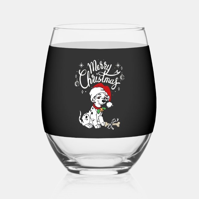 Dalmatian Puppy Dog In A Christmas Santa Hat Xmas  Stemless Wine Glass (Front)