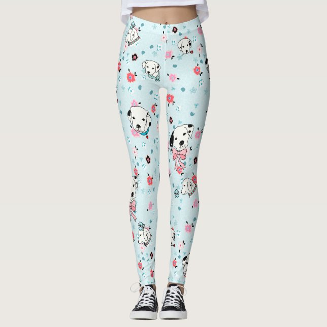 Dalmatian Puppy Floral - light blue Leggings (Front)