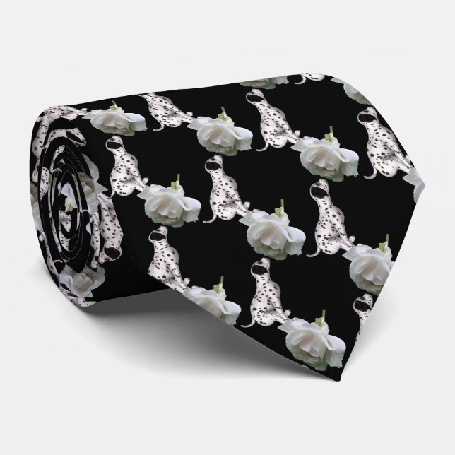 Dalmatian Puppy Smelling White Rose Pattern Tie (Rolled)