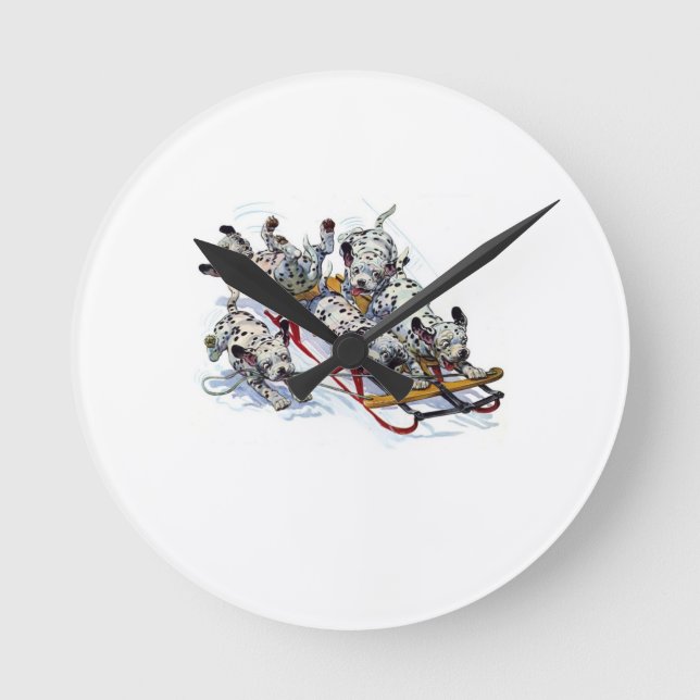 Dalmatian Pups Sledding Round Clock (Front)