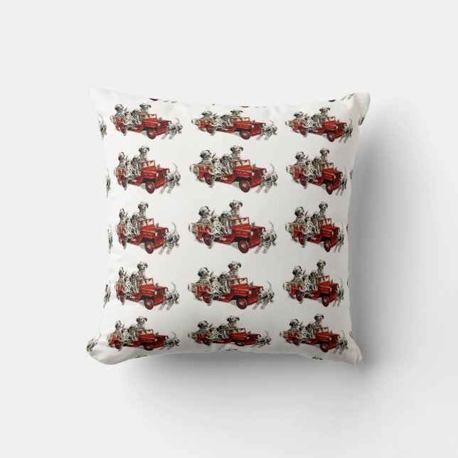 Dalmatian Pups with a Toy Fire Truck Throw Pillow (Front)