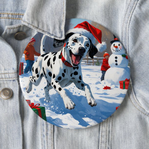 Dalmatian Running in Snow with Christmas Hat 6 Inch Round Button