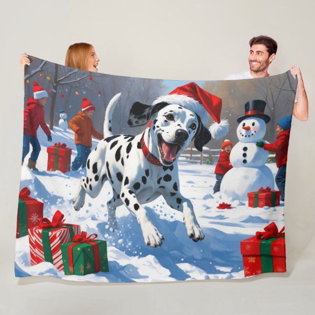 Dalmatian Running in Snow with Christmas Hat Fleece Blanket (In Situ)
