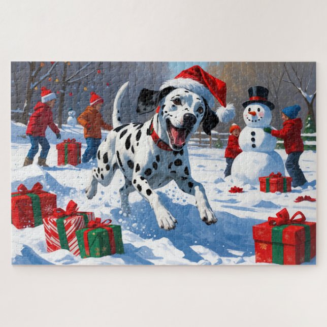 Dalmatian Running in Snow with Christmas Hat Jigsaw Puzzle (Horizontal)