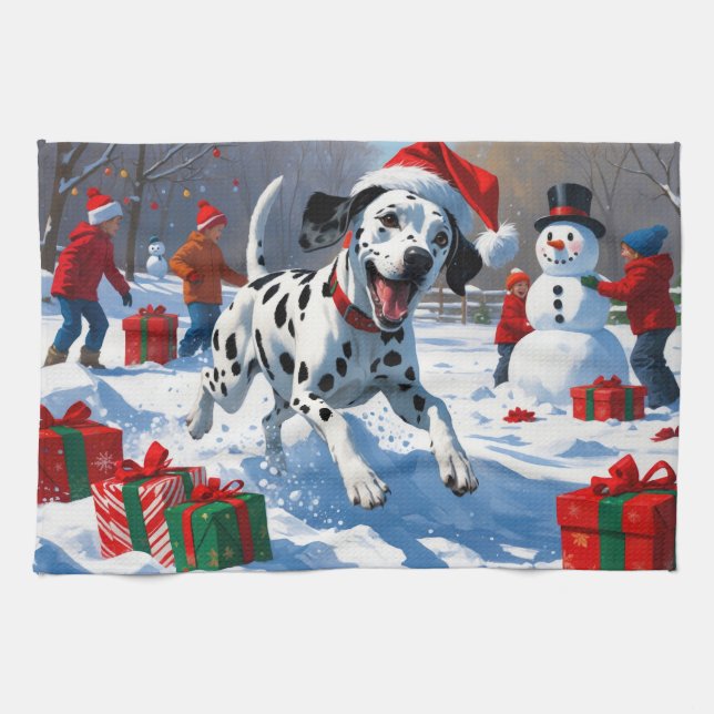 Dalmatian Running in Snow with Christmas Hat Kitchen Towel (Horizontal)
