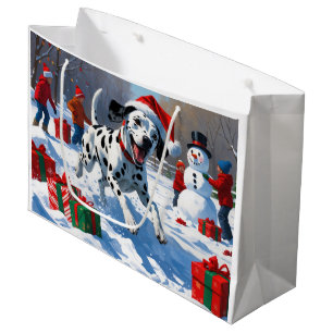 Dalmatian Running in Snow with Christmas Hat Large Gift Bag