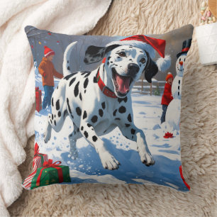 Dalmatian Running in Snow with Christmas Hat Throw Pillow