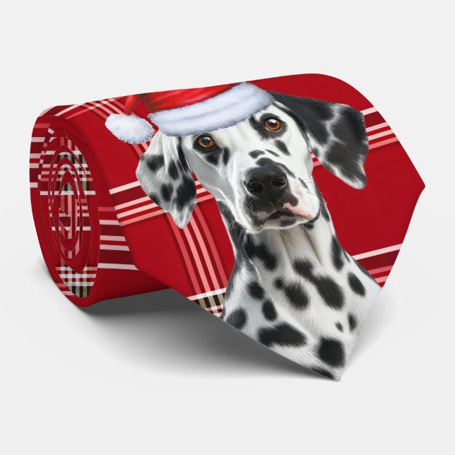Dalmatian Santa Dog Red Holiday Plaid Christmas Tie (Rolled)