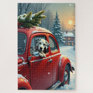 Dalmatian Snowy Car Ride Christmas Painting Jigsaw Puzzle