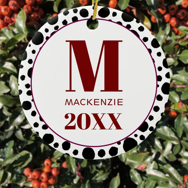 Dalmatian Spot Monogram Name Year Red and White Ceramic Ornament (Fun Dalmatian spot personalized monogram initial name year ornament)