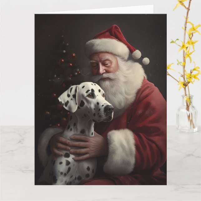 Dalmatian With Santa Claus Festive Christmas Card (Yellow Flower)
