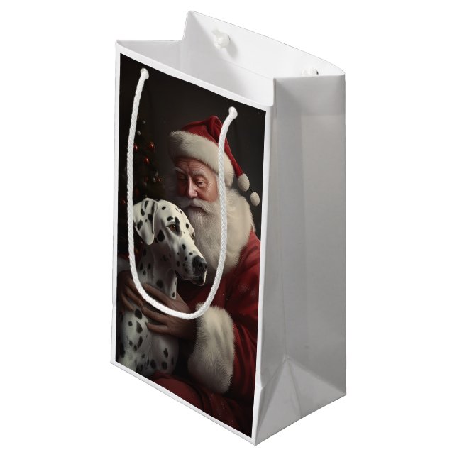 Dalmatian With Santa Claus Festive Christmas Small Gift Bag (Front Angled)