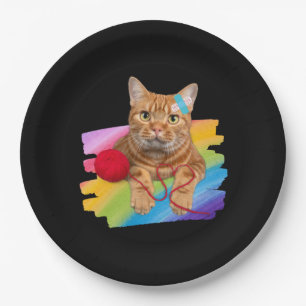 Damaged Cat on rainbow background Paper Plate