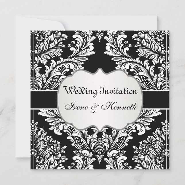 Damas blanc feuillu sur Faire-part de mariage noir (Devant)