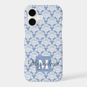 Damas blanc sur Monogramme gris bleu et nom jolie