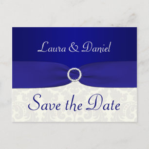 Damas bleu et ivoire Enregistrer la date Carte pos