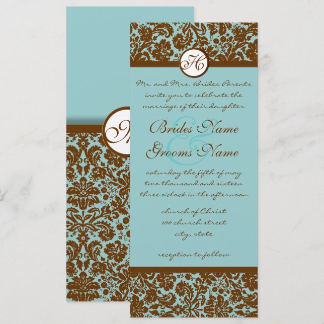 Damas Brown Sur Faire-part de mariage Bleu Aqua (Devant / Derrière)
