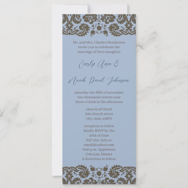 Damas Brown Sur Faire-part de mariage Bleu Aqua (Devant)