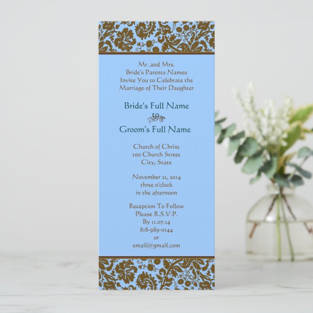 Damas Brown Sur Faire-part de mariage Bleu Aqua (Debout devant)