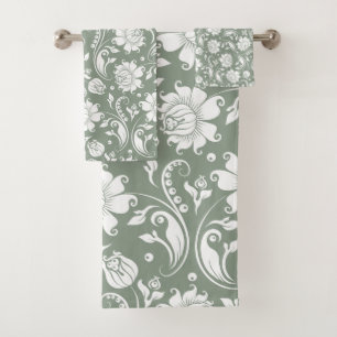 Damas florales blanches motif sur vert sauge