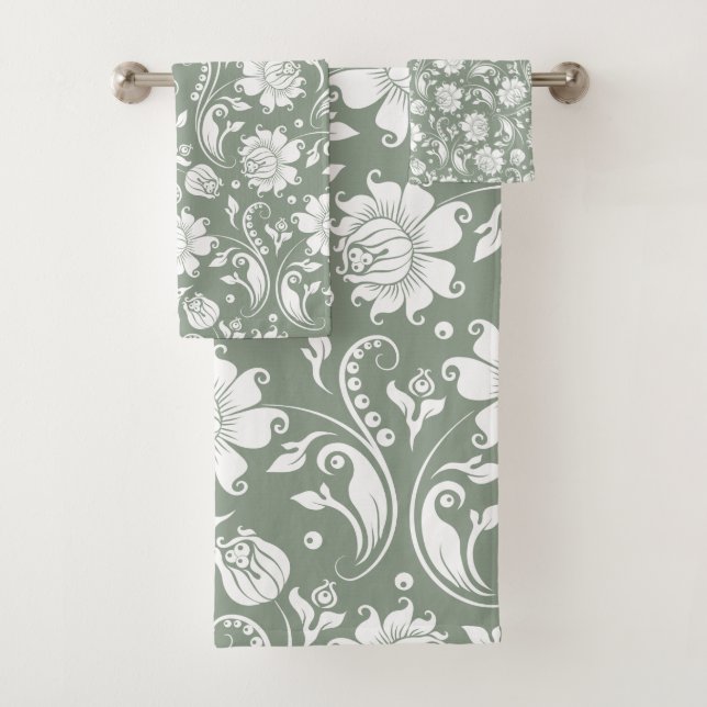 Damas florales blanches motif sur vert sauge (En situation)