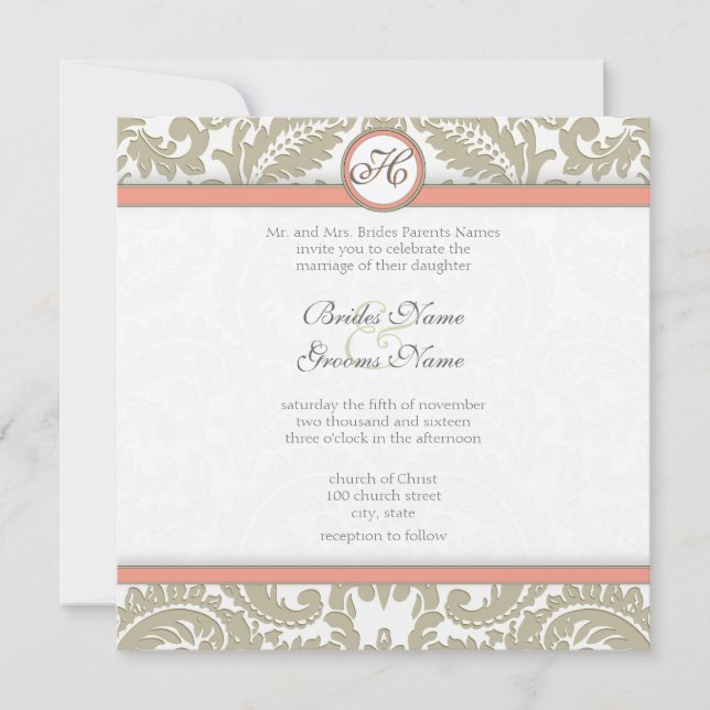 Damas gris avec corail et Gris Invitations de mari (Devant)