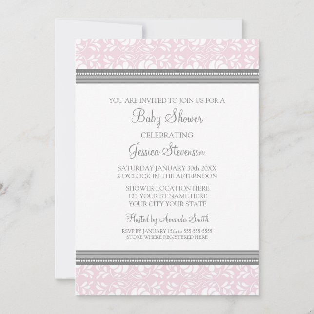 Damas gris rose Invitations de douches pour bébés  (Dos)