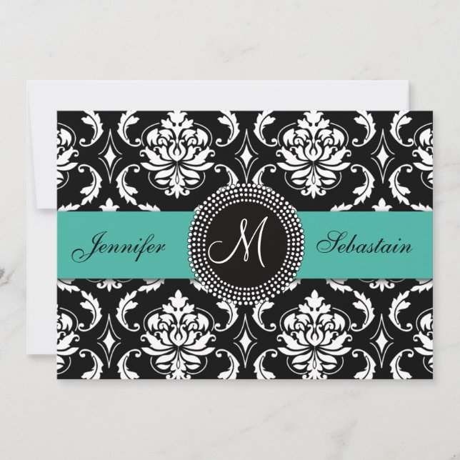 Damas Monogrammes Invitations de mariage Turquoise (Devant)