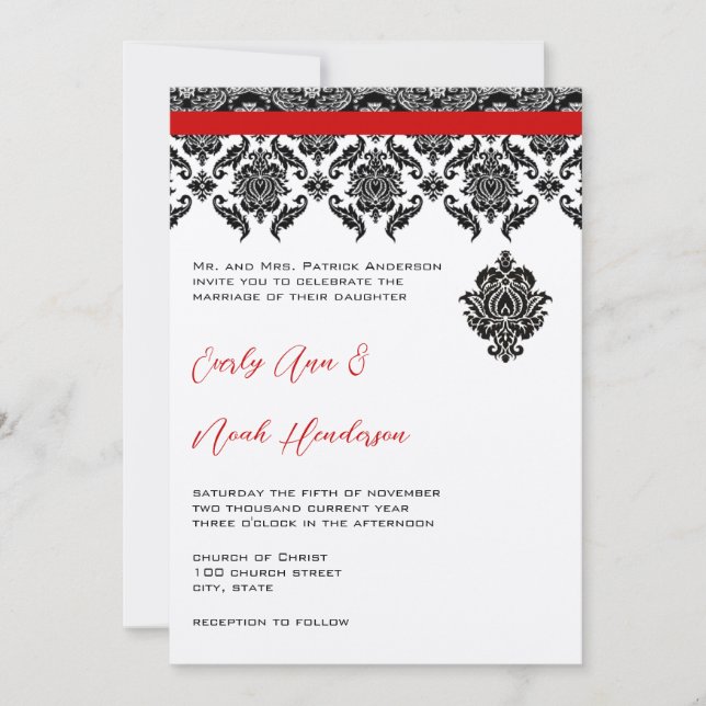 Damas Noir Sur Faire-part de mariage Rouge Blanc (Devant)