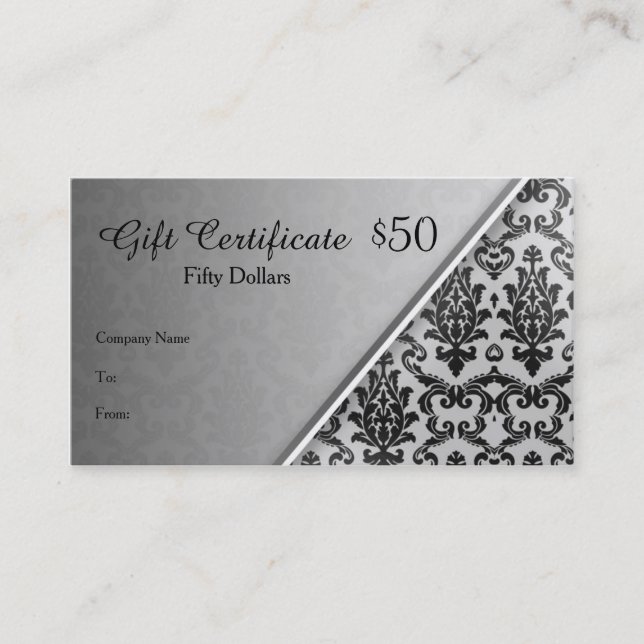 Damas noir sur le certificat cadeau gris argent (Devant)
