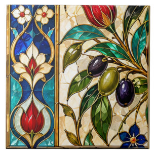 Damascus & Ottoman Olive Branch and Tulip Stained Tile