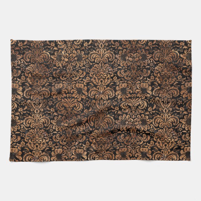 DAMASK2 BLACK MARBLE & BROWN STONE KITCHEN TOWEL (Horizontal)