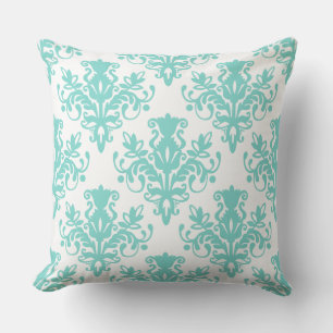 Damask 02 Pattern - Aqua Blue on White Throw Pillow